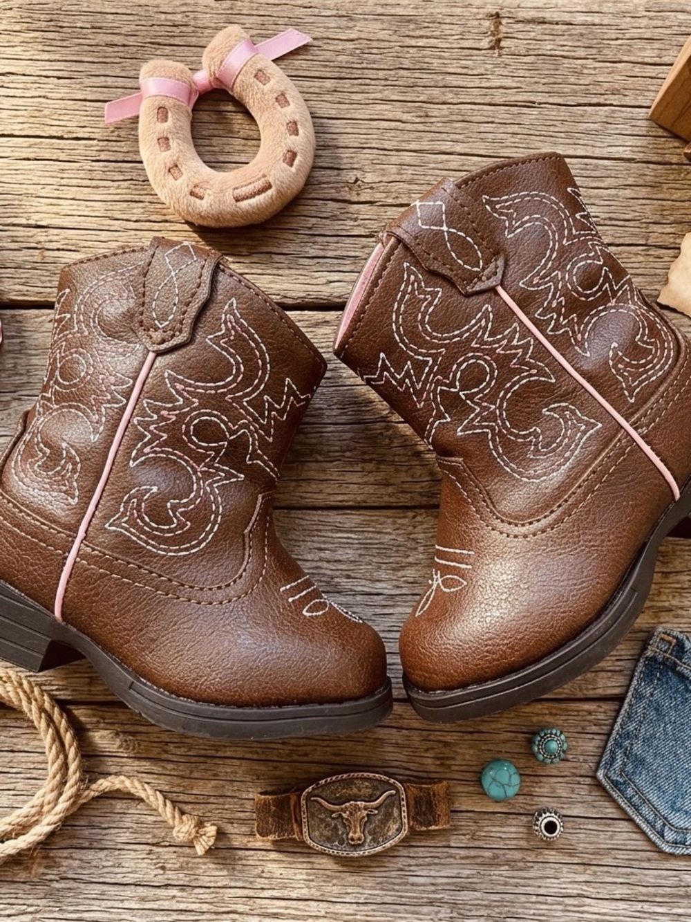 Kids' Brown Western Boots with Pink Trim